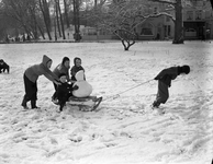 816464 Afbeelding van enkele kinderen met een slee in het besneeuwde plantsoen aan het Lucasbolwerk te Utrecht.